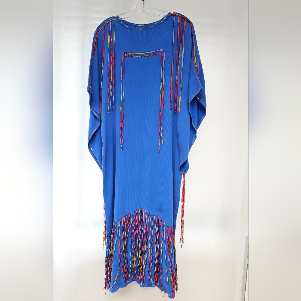 Handmade Powwow Blue And Rainbow Ribbon Dress Native American Sz Wms XL